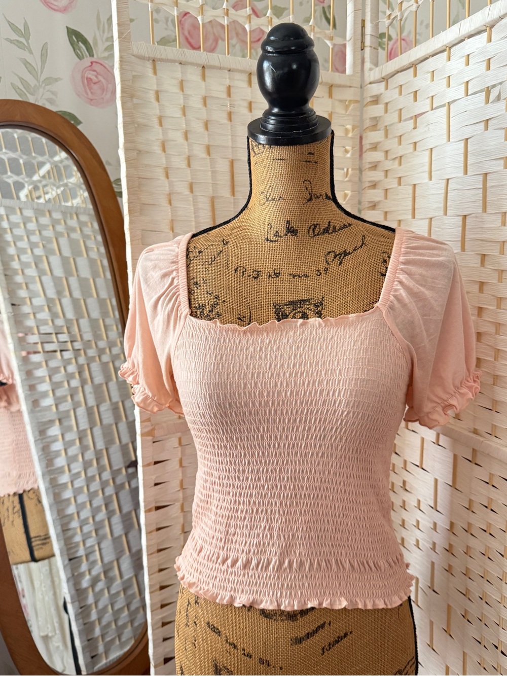 Blush Pink Smocked Square-Neck Puff Sleeve Top
